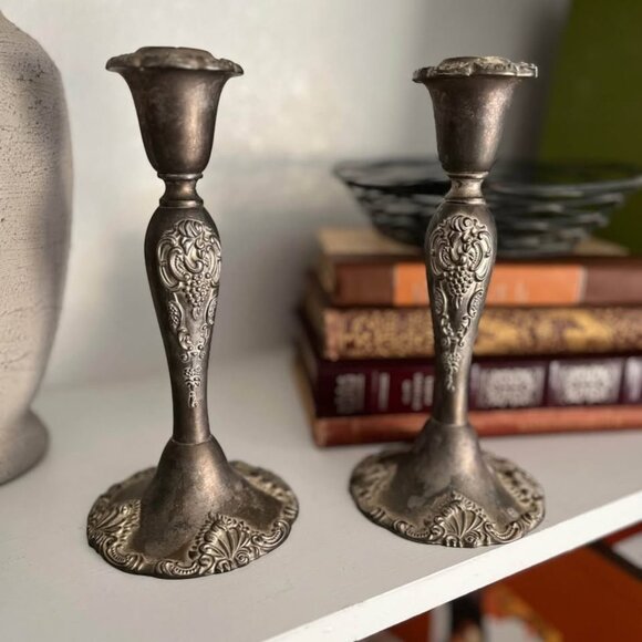 Vintage Candlesticks Candle Holders Set Victorian Rustic Fall Decor Silver Plate - Picture 1 of 10